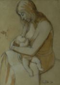 JOHN PETTS mixed media - mother breast feeding child, possibly Brenda Chamberlain, signed and