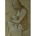 JOHN PETTS mixed media - mother breast feeding child, possibly Brenda Chamberlain, signed and