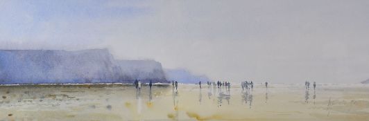 ANDREW DOUGLAS FORBES watercolour - beach scene with figures, signed and dated '97, 19 x 54cms