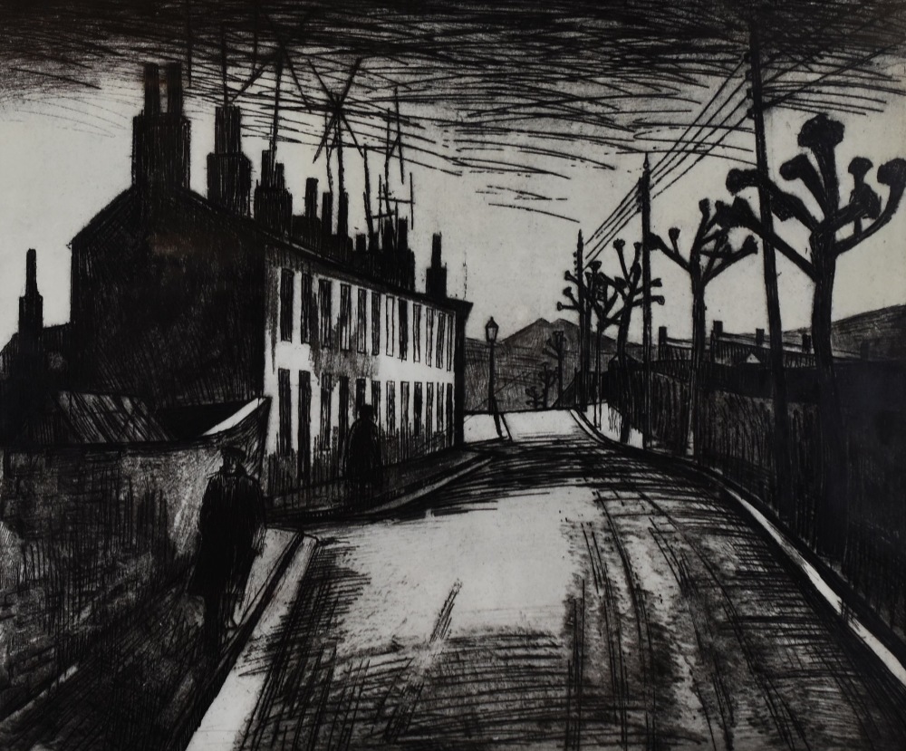 GEORGE CHAPMAN artist's proof etching - South Wales Valleys street scene with figures, signed, 53