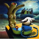 PAUL WOODFORD oil on card - surreal landscape with Maritime objects entitled verso 'Shadow Dancers',