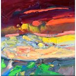 MIKE MONAGHAN oil on board - landscape at sunset, signed with initials, 28 x 29cms