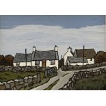 DAVID BARNES oil on board - cluster of houses at a fork in the road with dry stone walls and blue