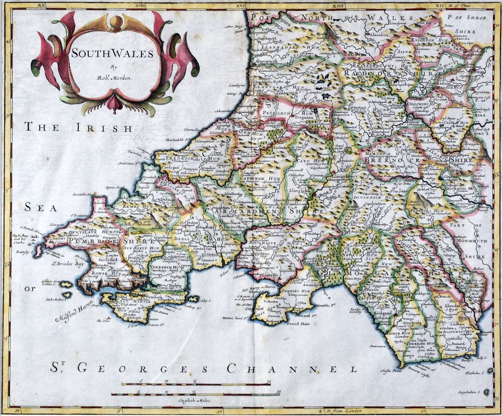 ROBERT MORDEN coloured antiquarian map of 'South Wales', 36 x 43cms