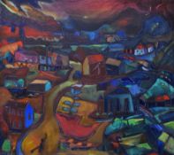 PETER ROSSITER oil on canvas - landscape with town and valley, entitled verso 'Dark Landscape with