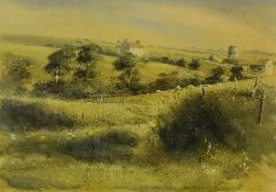 KEITH ANDREW watercolour - Anglesey landscape with old mill, farmstead and sheep, signed and dated