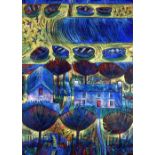 ANTHONY EVANS acrylic on board - rows of trees and houses, entitled verso 'Cylfach and Cove', signed