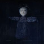 IORWEN JAMES oil on board - study of a sinister doll on a dark background, entitled verso '