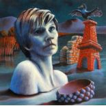 PAUL WOODFORD oil on card - surreal landscape with bust of a woman, cormorant with wings unfurled,