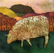 BERYL TURPIN enamel on copper - grazing sheep, entitled verso 'February Sheep', signed verso, 20 x