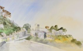 SIMON L JONES watercolour - view of Llandeilo town from the Towy Bridge, signed and dated '86, 36