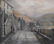 J MILLS oil on canvas - South Wales Valleys street scene with figures, terraced house, smoking