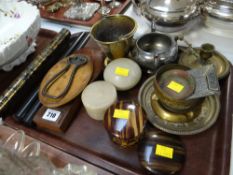 A tray of mixed metalware,an old Bryant and May metal wax taper case in a chinoiserie-style