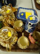 A four-piece lustre tea set, a George Jones dish and sundry blue & white china etc