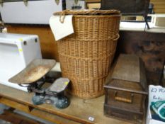 Vintage metal filing cabinet, vintage sewing machine, a laundry basket and contents of knitting