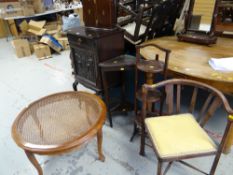 A parcel of furniture including music cabinet, cake stand, corner table, corner chair, circular