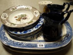 Two blue & white Staffordshire platters and sundry pottery