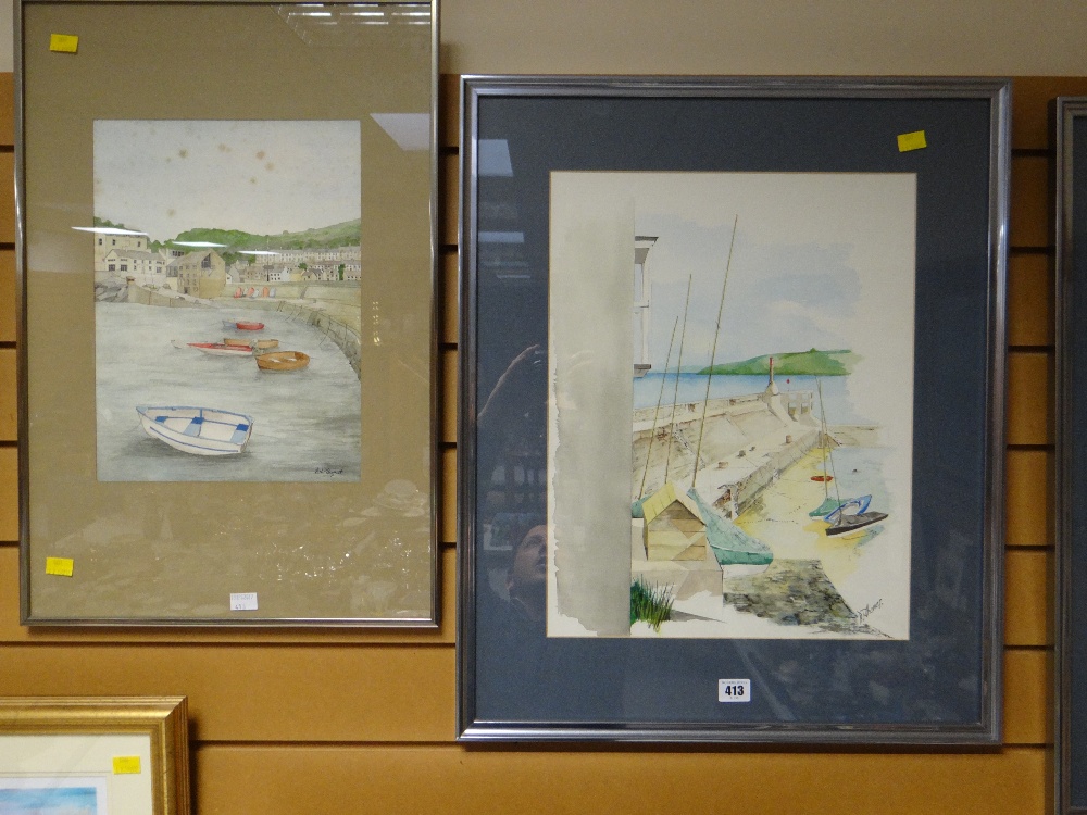 Two watercolours - Welsh coastal scenes by D J Thomas