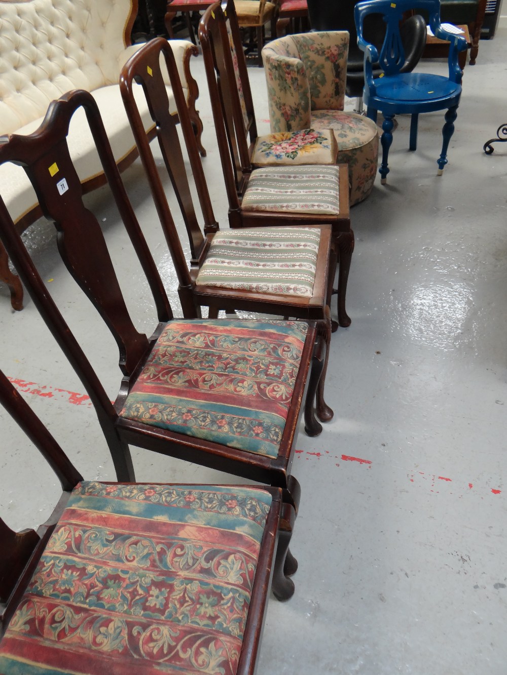 A set of four splat back dining chairs with drop-in seats, a tapestry bedroom chair and a tub-