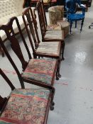 A set of four splat back dining chairs with drop-in seats, a tapestry bedroom chair and a tub-