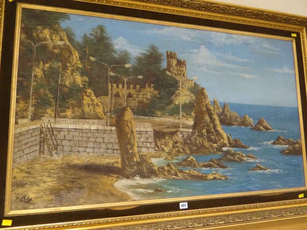 Framed oil on canvas - dramatic coastal scene with Moorish castle