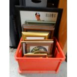 Box of framed pictures including framed Elvis picture