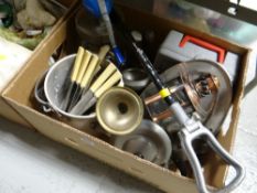 A box of metal ware, an old glass butter churn etc