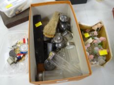 Parcel of metal and glass collectables etc including scent bottles and medallions
