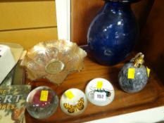 Three glass paperweights, a Carnival glass dish etc