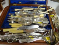 A vintage cutlery canteen box and mixed loose contents etc