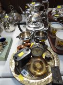 A quantity of EPNS tea ware and sundry metal ware items including vintage alarm clock etc