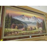 Framed oil on canvas - Alpine scene and a pair of smaller similar oil paintings