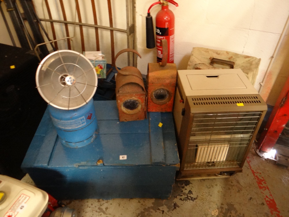 Vintage painted blue wooden box, two red metal roadside warning lamps, Calor Gas heaters etc