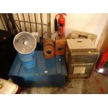 Vintage painted blue wooden box, two red metal roadside warning lamps, Calor Gas heaters etc