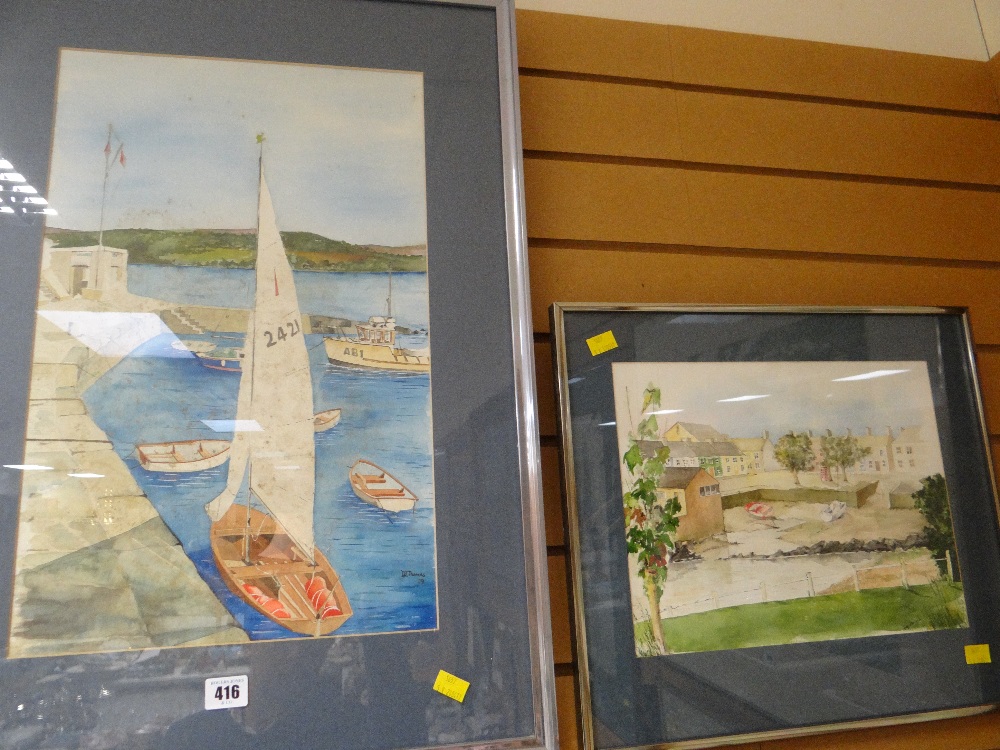 A framed watercolour of a harbour with boats and another coastal scene by D J Thomas