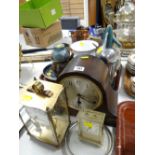 A polished mantel clock, a Kundo glass encased clock and another and a parcel of pottery, vintage