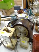 A polished mantel clock, a Kundo glass encased clock and another and a parcel of pottery, vintage