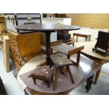 An antique circular tripod table, a small antique needlework stool, a rustic stool and mahogany