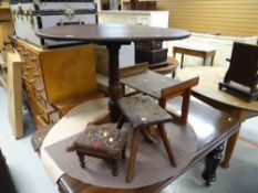 An antique circular tripod table, a small antique needlework stool, a rustic stool and mahogany