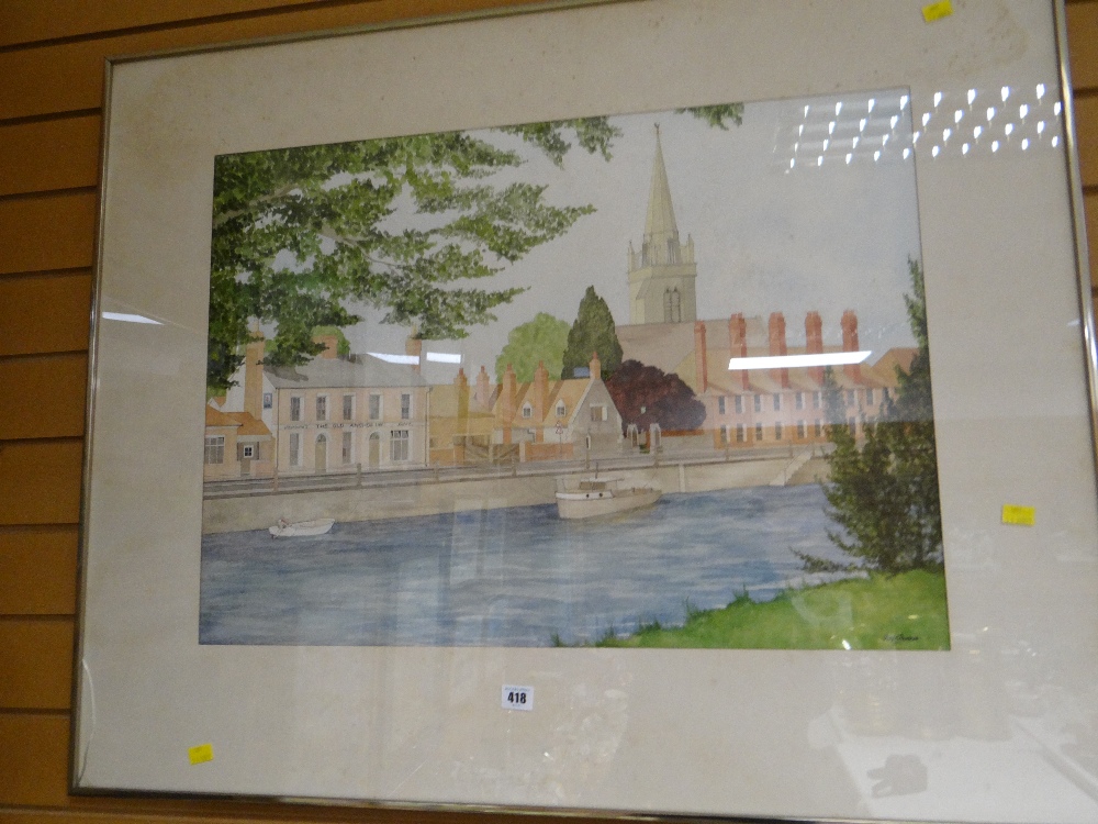 A framed watercolour of the Old Anchor Inn beside a canal with church by D J Thomas