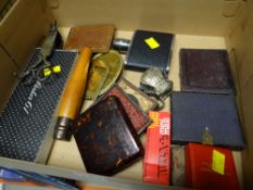 A parcel of mixed collectables including two ambro-type photographs, candle snuffers, hip flask etc