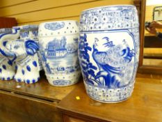 Two reproduction Oriental blue & white pottery stools