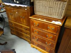 A reproduction yew wood hi-fi cabinet together with a reproduction television cabinet