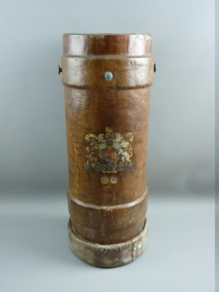 VINTAGE LEATHER SHELL CARRYING CASE bearing the Royal Coat of Arms, marked to the base no. 58, Mk