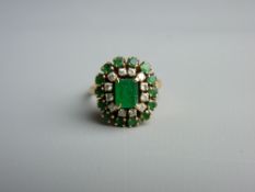 AN EIGHTEEN CARAT GOLD EMERALD & DIAMOND CLUSTER RING of fine quality, the oblong cut emerald (6.4 x