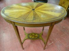 AN OVAL TOPPED MAHOGANY TABLE with multi-wood fan inlay and boxwood stringing on square tapering