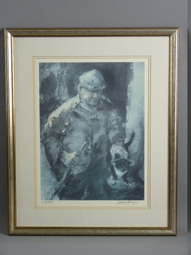 WILLIAM SELWYN coloured limited edition (218/300) print - farmer with stick and cat, signed in full,