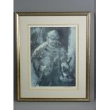 WILLIAM SELWYN coloured limited edition (218/300) print - farmer with stick and cat, signed in full,