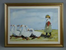 PAT BUCKLEY MOSS mixed media - young girl with straw hat guiding a gaggle of geese, signed and dated