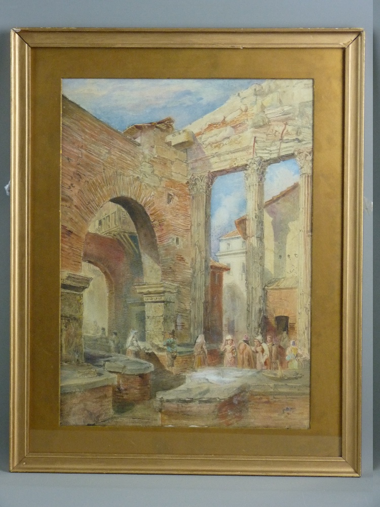 CONTINENTAL SCHOOL watercolour - figures under a semi-ruined building, unsigned but bears